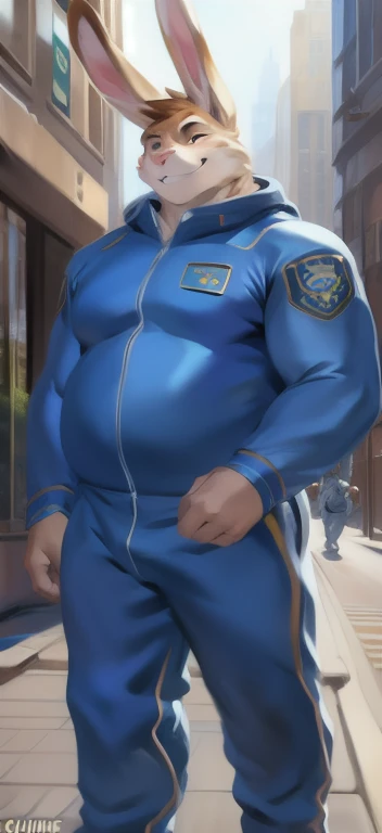 Solo, male Tall​, standing, street,pig hare ,blue military spacesuit, overweight, muscular, smirking, by chunie