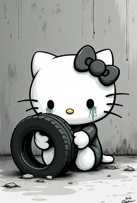 hello kitty très triste qui pleure et seule qui tient une roue de secours en noir et blanc dans un style manga sad