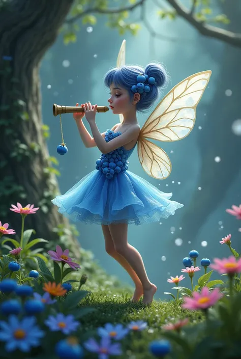 The blueberry fairy is playing the flute