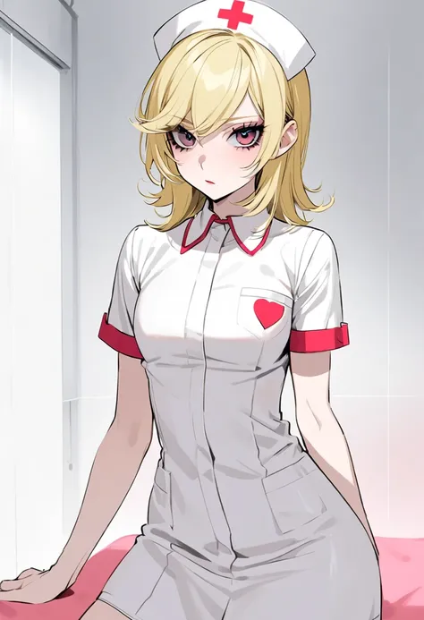 Femboy, nurse, short nurse dress, short sleeves, medium-length blonde hair, bangs swept to the side, fair skin