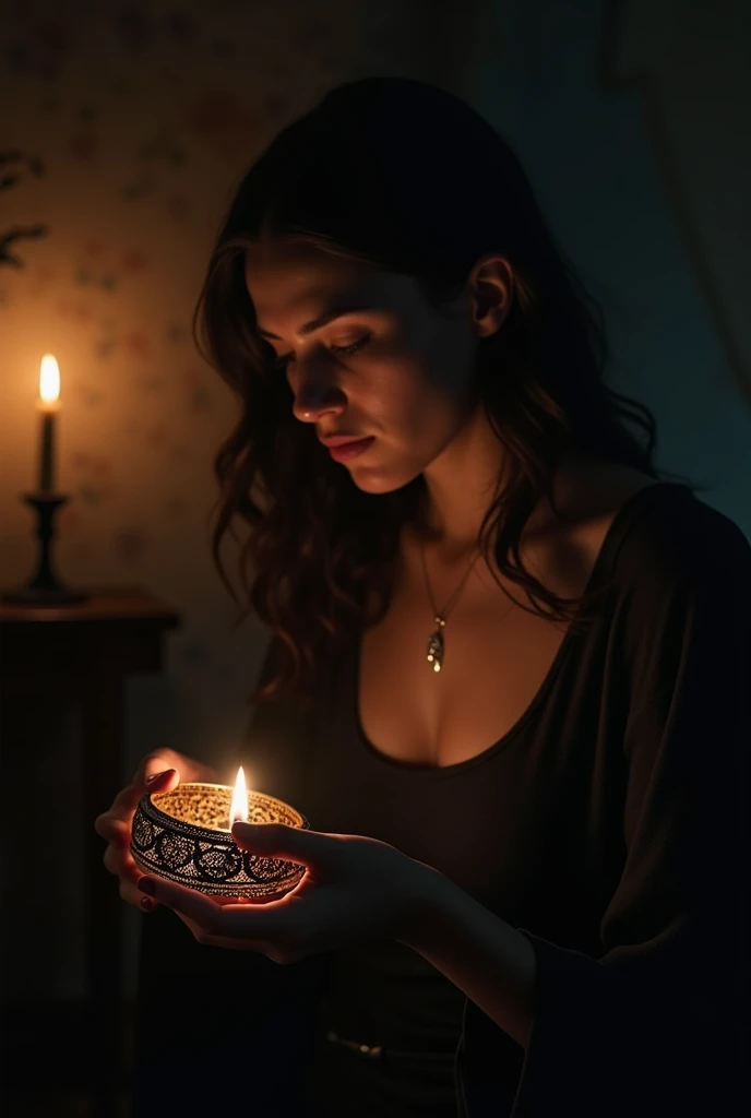 A young woman sitting in a dimly lit room, holding an antique bracelet with intricate patterns. The room has a mysterious aura, with a single flickering candle and shadows dancing on the walls.