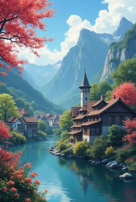  a small village by the river，Mountains in the background，Flowers in bloom，Bright colors， Detailed Scenery ， beautiful natural silver landscape ，Mood lighting，Scorching sunset，Warm colors，practical，practical摄影，Delicate leaves，Complex buildings， cobblestone...