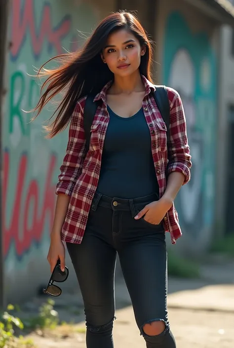 Real picture,  a beautiful young chubby Indonesian woman , long straight black reddish brown hair blowing in the wind,dynamic pose , wears biru tua and red checkered shirt ,black jeans,  sneaker , holding and wearing sunglasses ,hand put pants pocket  , ab...