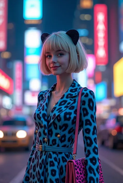 New York shines in neon lights
American schoolgirl with blond butterfly cut
A girl and a blue leopard have merged 、
She is wearing a classy elegant blue leopard print dress 。手にはピンク色のヒョウ柄の高級手提げバッグを持っている。 girl with a pink leopard print luxury handbag in her ...