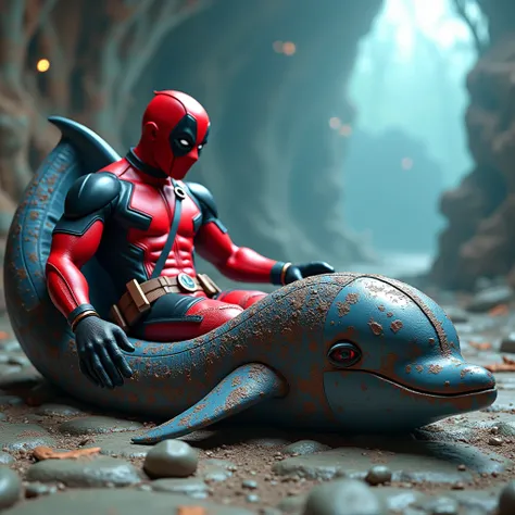 Generate me a bed of dolphin model with Deadpool costume wraped the dolphin design bed