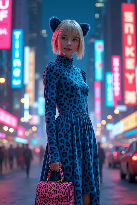 New York shines in neon lights
American schoolgirl with blond butterfly cut
A girl and a blue leopard have merged 、
She is wearing a classy elegant blue leopard print dress 。手にはピンク色のヒョウ柄の高級手提げバッグを持っている。 girl with a pink leopard print luxury handbag in her ...