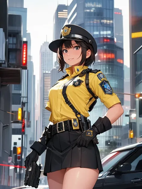 Masterpiece, high resolution, 1 girl, alone, full body, female, bright smile, blush, medium bust, skinny, realistic, 20s, Cowboy Shot,(high quality, 8k, 4k, high contrast, masterpiece:1.2, best quality, best aesthetics), sexy female police officer, detaile...