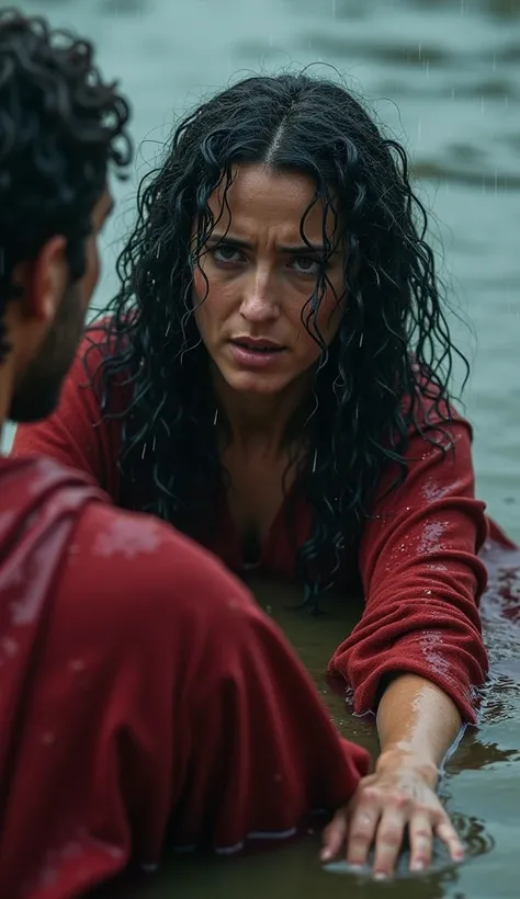 POV view , Front view, 1man  and woman ,1 man  Right hand only , help Maria Magdalena , Maria Magdalena looking helper hand, Jewish woman , long curl black hair, cotton ancient red wear, half body in water , storm, fall rain,  (photographic, super high def...