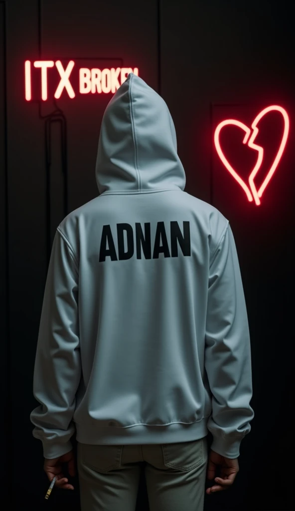 The image shows a person wearing a white hoodie with the word "ADNAN" written on it in black letters. The person is standing in front of a wall with a neon sign that reads "ITX BROKEN". On the right side of the image, there is a red heart-shaped symbol tha...