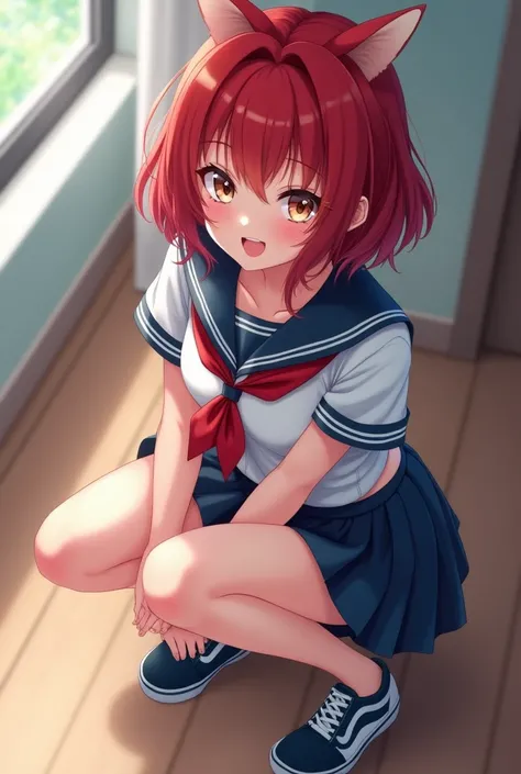 big breasts, Ultra realism, photorealism, aw photo,detailed eyes and lips,beautiful detailed face,long eyelashes,(bright red hair) a beauty girl, (Skirt lifting), looking in camera, Angle from below, Short skirt, Squatting, Shy smile, school uniform , Beau...