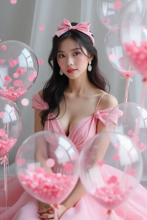 Photography A Beutiful Indonesia woman is wearing a pink dress and is surrounded by clear balloons with pink confetti. They have a pink bow in their hair and are wearing pearl earrings, realistic