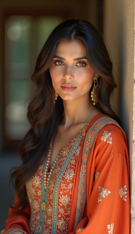 Portrait of a beautiful Pakistani woman wearing an intricately embroidered shalwar kameez, Canon EOS R5 with 85mm f/1.4 lens, soft natural light, traditional fashion photography