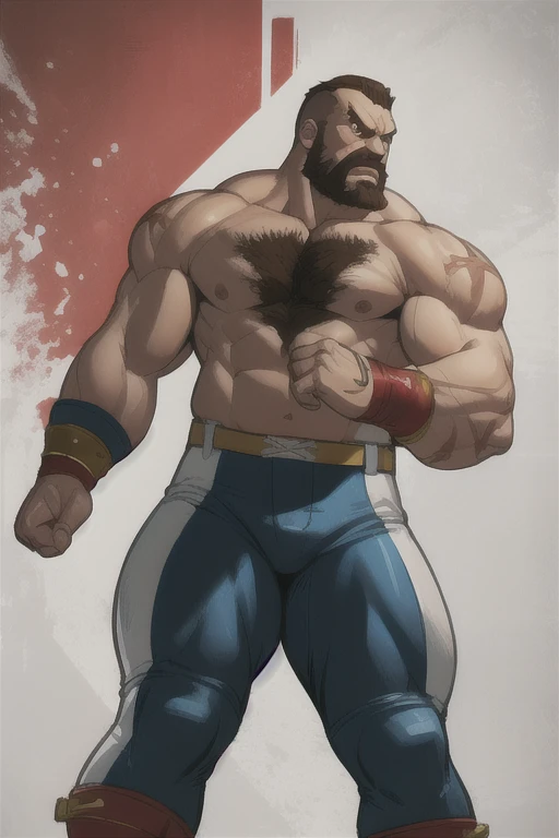 Zangief ,  brown hair, brown eyes, beard,   chest hair ,   muscular,   Coders,  arm bands , 
 mens shirtless ,   red and white wrestling pants ,   
underground fight club ,   angry, 
Standing,  ,  
( insanely detailed workers livery coat,  beautiful and de...