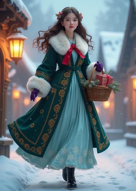  A beautiful picture of a young woman walking gracefully through a snowy village .  She has an elegant deep green coat 、Carefully crafted down to the last detail, With gold embroidery,  fur trim ,  has a striking crimson ribbon on her collar .  Her flowing...