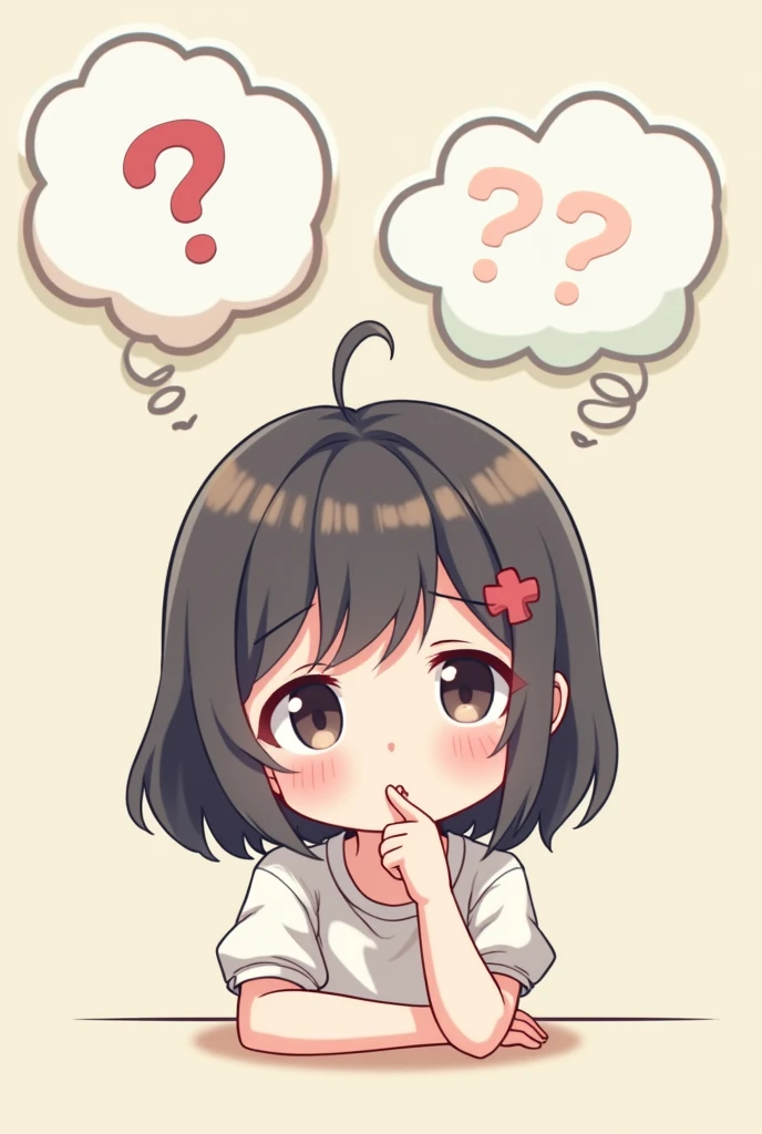 An image of an SD female character thinking about two kinds of speech bubbles