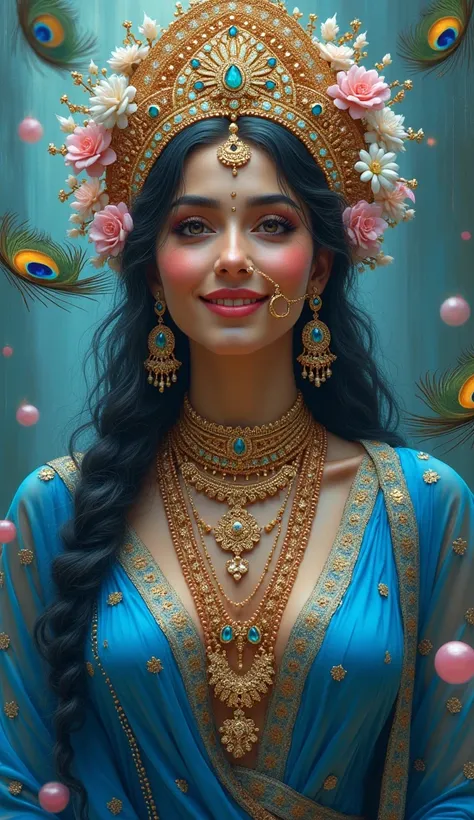 Indian goddess radhe with lots of jwellery and makeup blushing cheeks in blue coloured dress. smiling in a abstract background. Create a painting type beautiful abstract image and detailed 4 k image with lots of creativity and decorative items. Peacock fea...