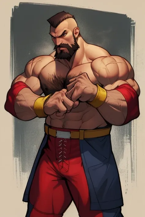 Zangief ,  brown hair, brown eyes, beard,   chest hair ,   muscular,   Coders,  arm bands , 
 mens shirtless ,   red and white wrestling pants ,   
underground fight club ,   angry, 
Standing,  ,  
( insanely detailed workers livery coat,  beautiful and de...