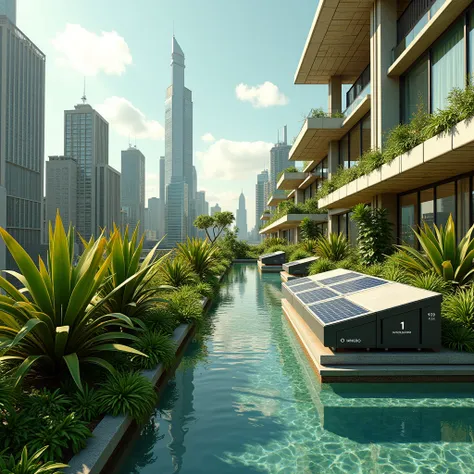 A futuristic urban rooftop transformed into a lush oasis, featuring clusters of yucca plants integrated with solar panels and air purifiers. The scene combines modern architecture with natural elements, showing the harmony between technology and ecology. C...