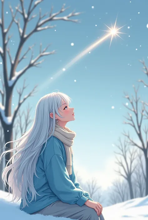  Can you give me a picture of a cute anime girl？ She has long white hair ， wearing a blue shirt and scarf ，Watching the sky in winter ， and a meteor appears 