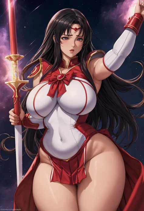 woman wearing sexy white and red mobile legend hero armor, Sailor Mars theme, leotard, action pose with fantasy fire sword, in a fantasy world, fantasy bokeh effect, cinematic light, realistic photography, wide angle shot, super realistic, real human, ig m...