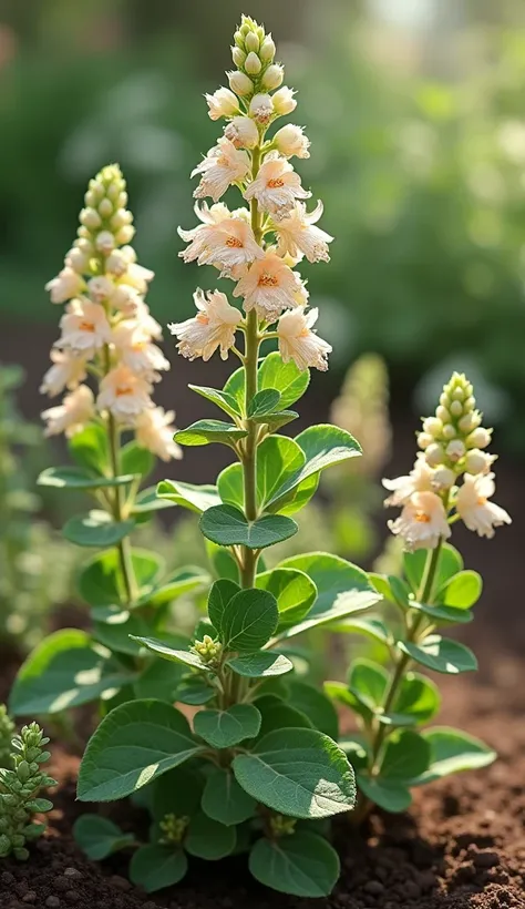 "A detailed and realistic depiction of a marjoram plant (Origanum majorana) in full bloom. The plant features clusters of small, delicate flowers in shades of white or pale pink, surrounded by soft, oval-shaped green leaves. The flowers are tiny and arrang...