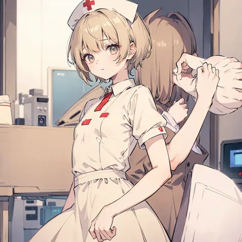 Femboy, nurse, short nurse dress, short sleeves, short beige hair, bangs swept to the side, fair skin, short, flat chest