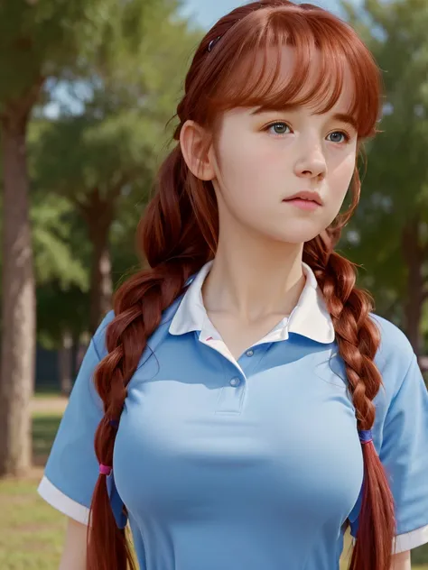 (best quality,4k,8k,highres,masterpiece:1.2),ultra-detailed,(realistic,photorealistic,photo-realistic:1.37), ((a school girl wearing PE uniform, solo, shy)), ((very large bust size for her young age)), braided red hair, pale skin