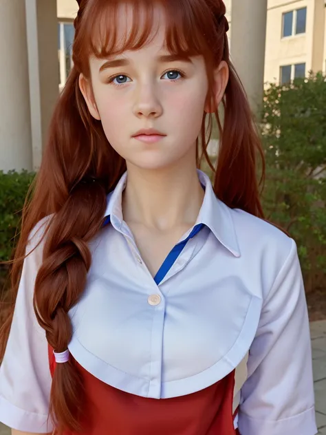 (best quality,4k,8k,highres,masterpiece:1.2),ultra-detailed,(realistic,photorealistic,photo-realistic:1.37), ((a school girl wearing PE uniform, solo, shy)), ((very large bust size for her young age)), braided red hair, pale skin