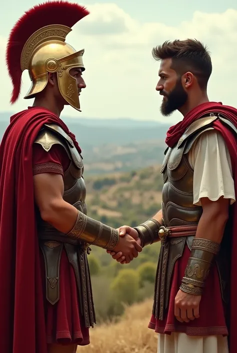 Roman soldiers and Greek soldiers who were shaking hands wearing war uniforms