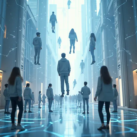 A surreal futuristic scene of individuals floating in a zero-gravity urban environment. The setting blends architecture with virtual elements like holograms and interconnected digital threads, symbolizing fluid social interactions. Colors include shades of...