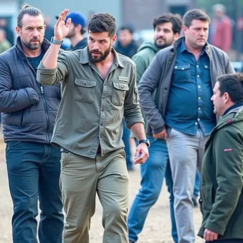 Action hero is sporting a short, neatly combed hairstyle with a side parting. His hair is styled with a slightly textured look
wearing cargo shirt and cargo pants, sporting a beard and looking off-camera.front of outdoor shooting set with crew members