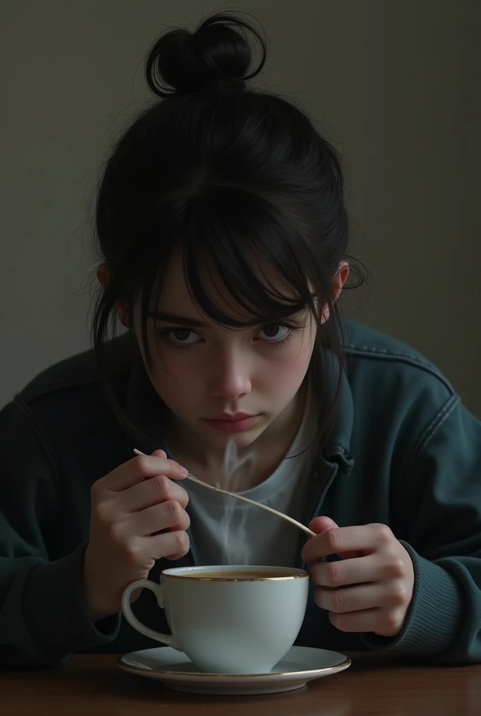 Sad thoughtful young person drinking realistic coffee for sad image for tumblr