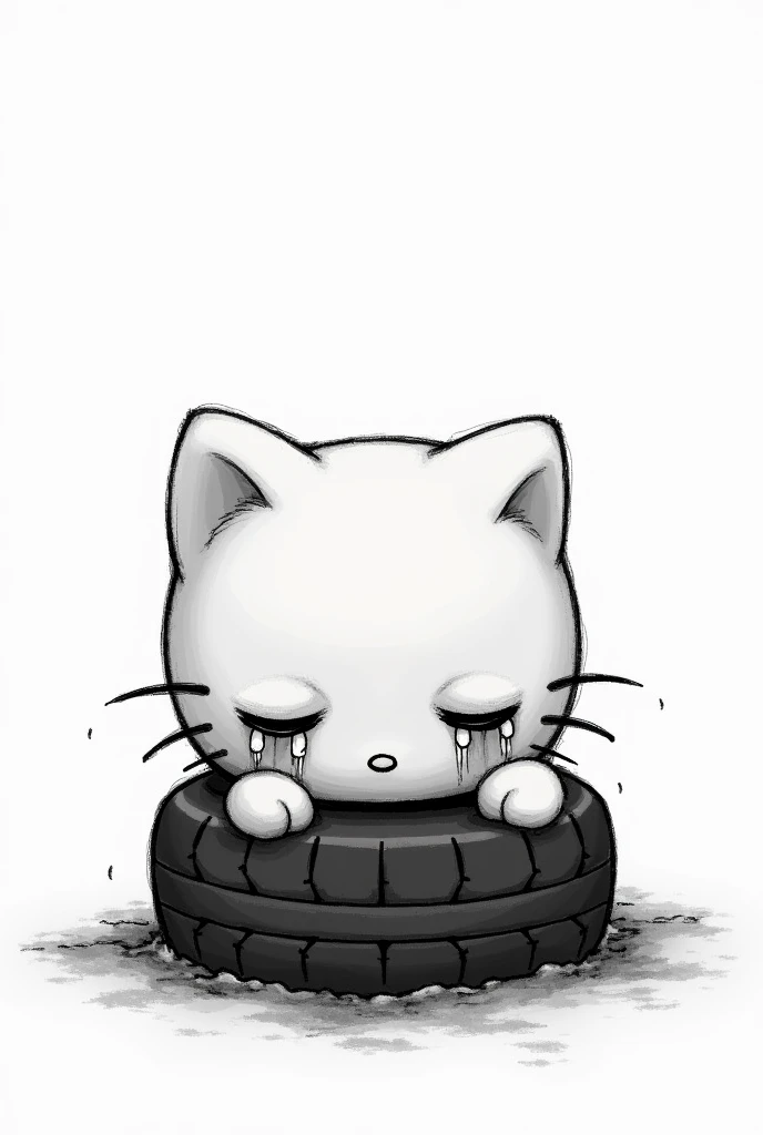 hello kitty abandonner triste pleure et seule qui tient une roue de secours en noir et blanc dans le style de lanimer "kamisama kiss "