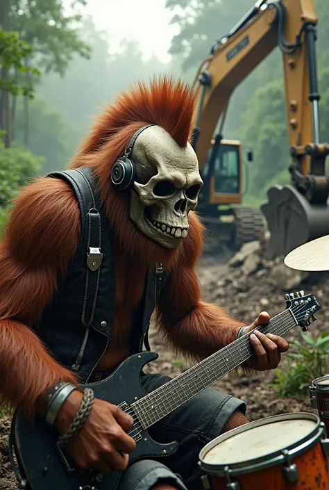 Skull head of orang utan, wear rocker atribute, playing drum set. Backround is escavator destroying forest.