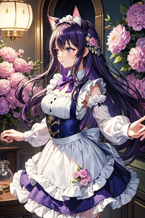 masterpiece、 top quality、One beautiful girl、clear、The age is 16、Purple long hair、 hair fluttering 、Cat ears、Dignified profile 、 flowers are dancing、Maid outfit