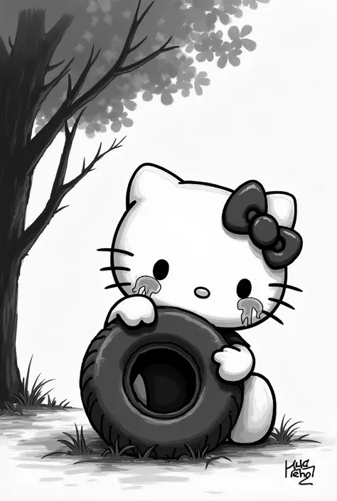 hello kitty abandonner triste pleure et seule qui tient une roue de secours en noir et blanc dans le style de lanimer "kamisama kiss "