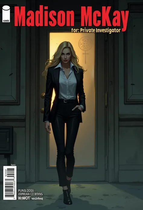 framed as a detective noir graphic novel cover set in a cyberpunk city, a lone figure of a stunningly beautiful statuesque blonde American woman, beautiful and strong with a confident demeanor, she is dressed in a modern version of a classic noir detective...