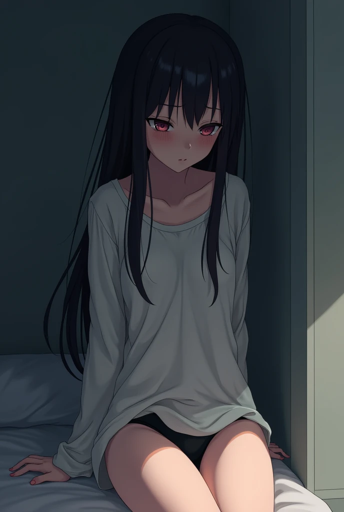  An 18-year-old black-haired girl , with dark circles under the eyes from crying ,  only dressed in a loose shirt and black panties,  anime style