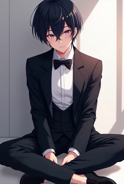  black hair、Purple Eyes、 tuxedo、17-Year-Old Boy 、 anime style、 high definition 、masterpiece、 details、sitting cross-legged