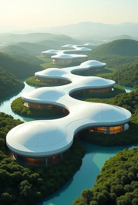 Bikin 4 horizontal round-shaped futuristic buildings nearby