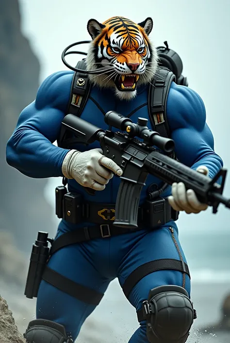 (A rugged beefy very muscular bulky old man), (wearing blue zipper wetsuit), (wearing realistic roaring tiger mask), shooting with rifle,  wearing bulky scuba gear, muscular physique, toned muscles, fierce, heroic, action, comic artstyle, bulky best qualit...