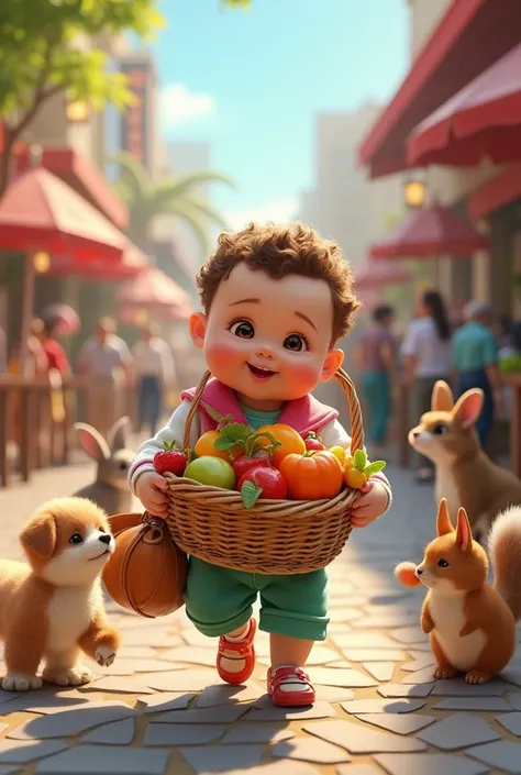 Baby stylish colors outfits and fruit basket in hand and 5 animals walking in public 