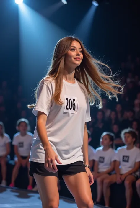 Female ,  long hair, dance,  There is a number sticker on the t-shirt ., There is a bright white light on the stage.,  judges in T-shirts and sportswear are sitting in front .