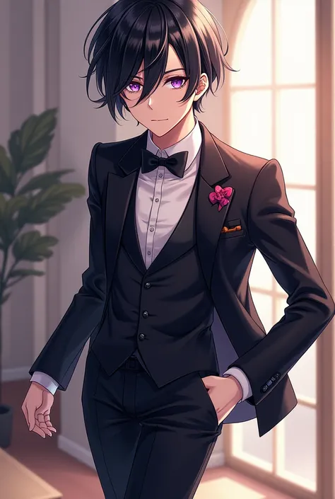  black hair、Purple Eyes、 tuxedo、17-Year-Old Boy 、 anime style、 high definition 、masterpiece、 details、 widens legs、Open clothes