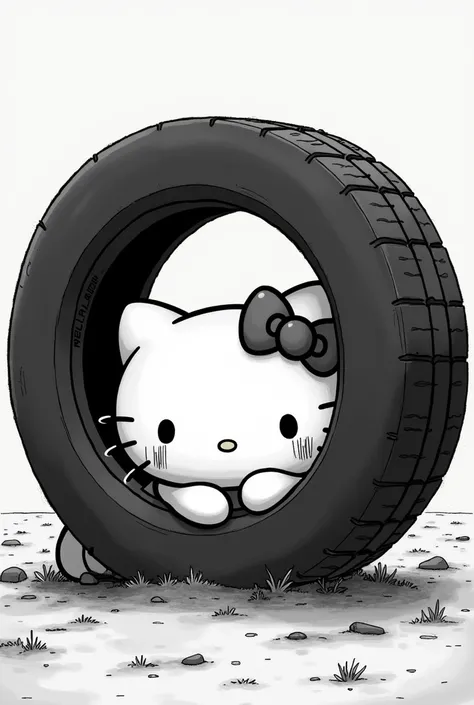 hello kitty abandonner triste et pleure et seule qui sr cache derriere une roue de secours en noir et blanc dans le style de lanimer "kamisama kiss "