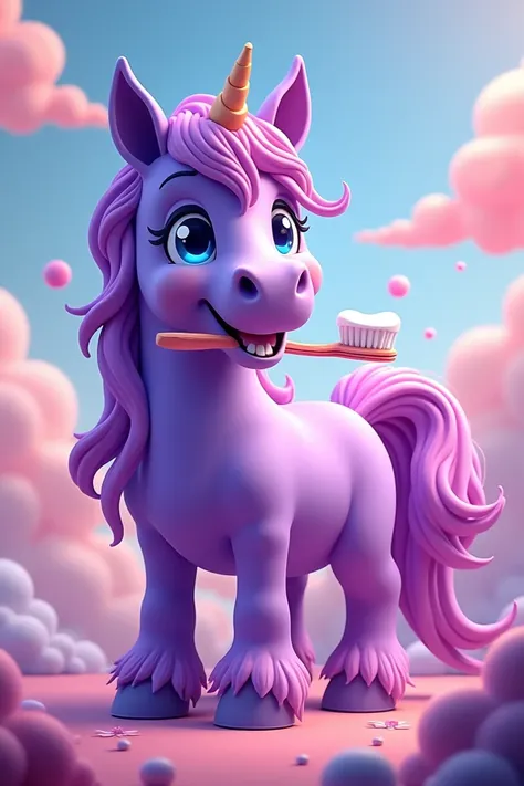 Create an animated purple horse image for ren brushing their teeth 