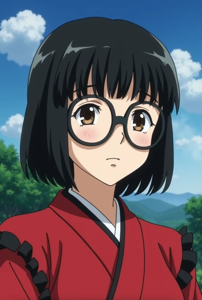 Jojos Bizarre Adventure, screencap of a woman, she has black hair, blunt bob and blunt bangs haircut, dark brown eyes and white skin. Shes wearing big round black glasses, and a red kimono with black details in the sleeves and borders. scenery is beautiful...