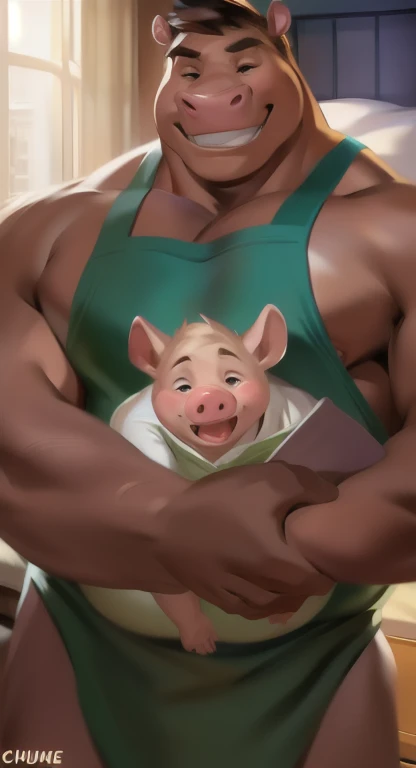 Living with baby pigs, male Tall​,sleep., bedroom,Hugging the body of a baby pig. Hippo , Green apron, overweight, muscular, Sexual Emotions​ happy, by chunie