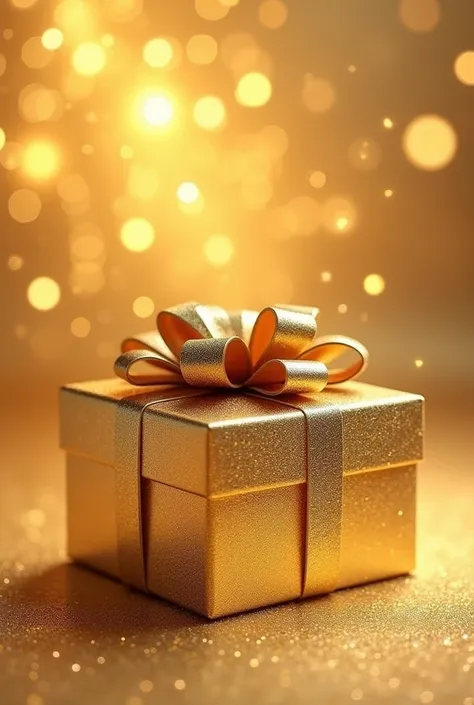 "Create a glittering gift box positioned on the left side of the frame. The box should have a sleek, metallic gold finish with a smooth, reflective texture. Add a large, perfectly tied bow on top, also in gold, with a satin or glossy appearance. The backgr...