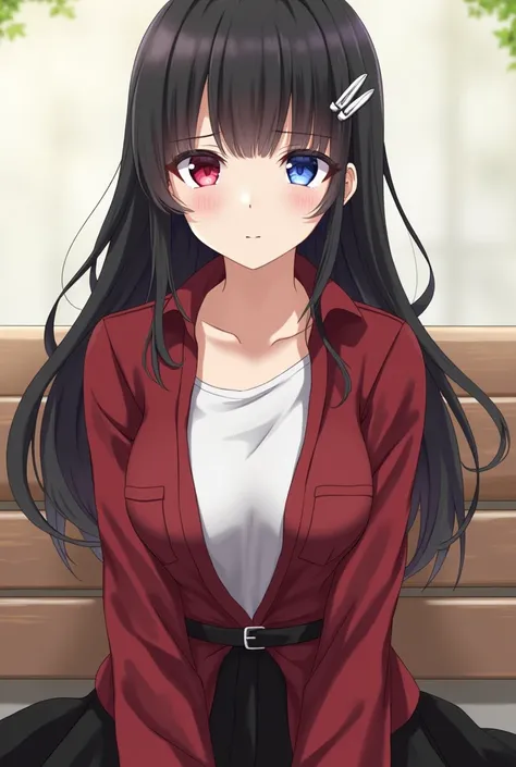 Anime girl blue and red eyes long black hair, with white hair clip, wearing unbuttoned red shirt and white t-shirt underneath and wearing black skirt sitting on the bench